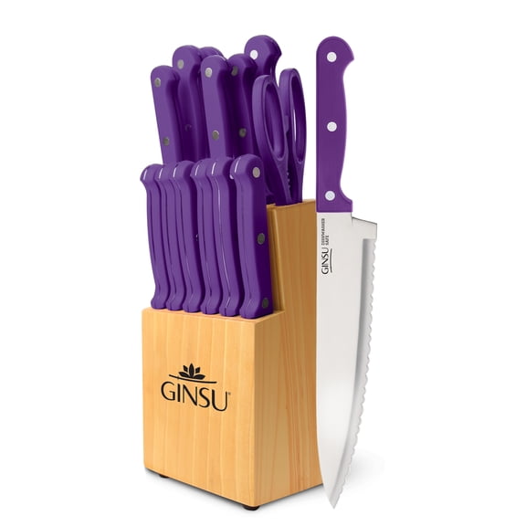 GINSU KIS-PU-DS-014-2 Kiso Dishwasher Safe Purple 14 Piece Knife Set With Natural Block, 9" W x 15" H x 5" D