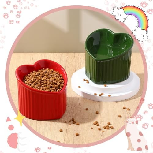 2 Pcs Ceramic Elevated Cat Bowls Tilted Elevated Raised Pet Bowls Anti Vomit Cat Dish for Indoor Stress Free Water Dish Feeder for Puppies, Heart Shaped (Red, Green)