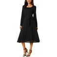 thumbnail image 2 of INSPIRE CHIC Women's Pleated Dress Crewneck A Line Flowy Casual Long Sleeve Midi Dresses with Belt Fall Outfits S Black, 2 of 6