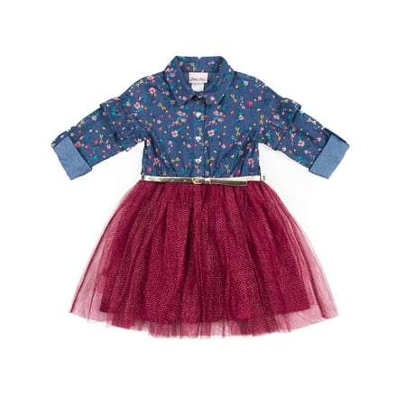 Little Lass 3/4 Ruffle Sleeve Denim Combo Tutu Dress With Belt (Little (Best Denim Dresses 2019)