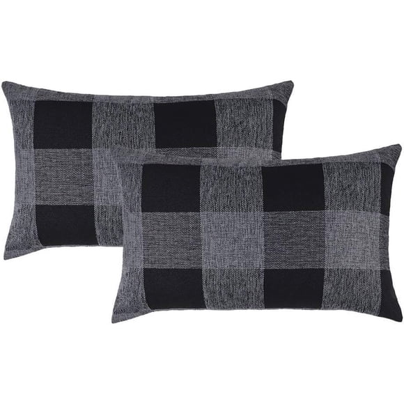 Set of 2 Navy Black Grey Farmhouse Buffalo Check Plaid Throw Pillow Covers - Polyester Linen Cushion Case for Home Decor, 12 x 20 Inches