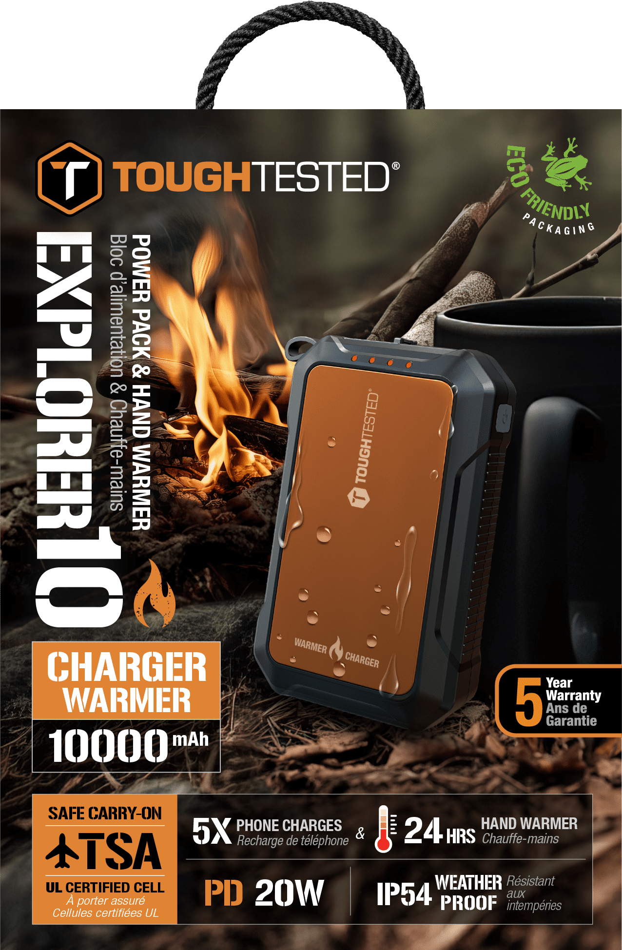 ToughTested Explorer 10 – 10,000mAh Rugged Power Bank & Hand Warmer, 20W PD Fast Charge & QC3.0, IP54 Weatherproof, LED Flashlight, TSA-Safe Portable Charger with 24-Hour Heat, 5-Year Warranty