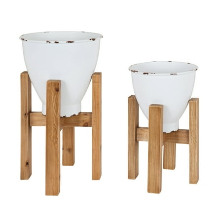 - Kate and Laurel Eton 2-Piece Rustic Farmhouse Floor Planter Set with Distressed Enamel-Like Vessels and Rustic Wood Stands