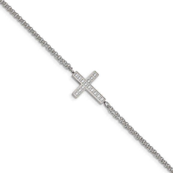 Primal Steel Stainless Steel Polished with Cubic Zirconia Cross 6.25 Inch with 2 Inch Extension Bracelet
