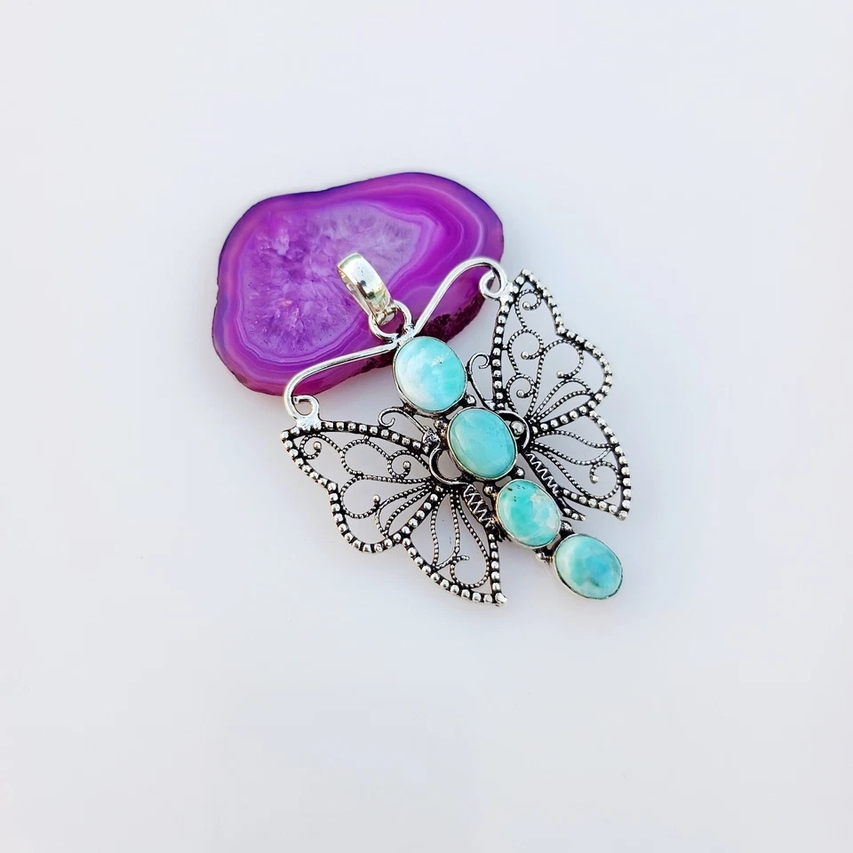 Larimar Butterfly Pendant 925 Sterling Silver Pendant Natural Gemstone Jewelry