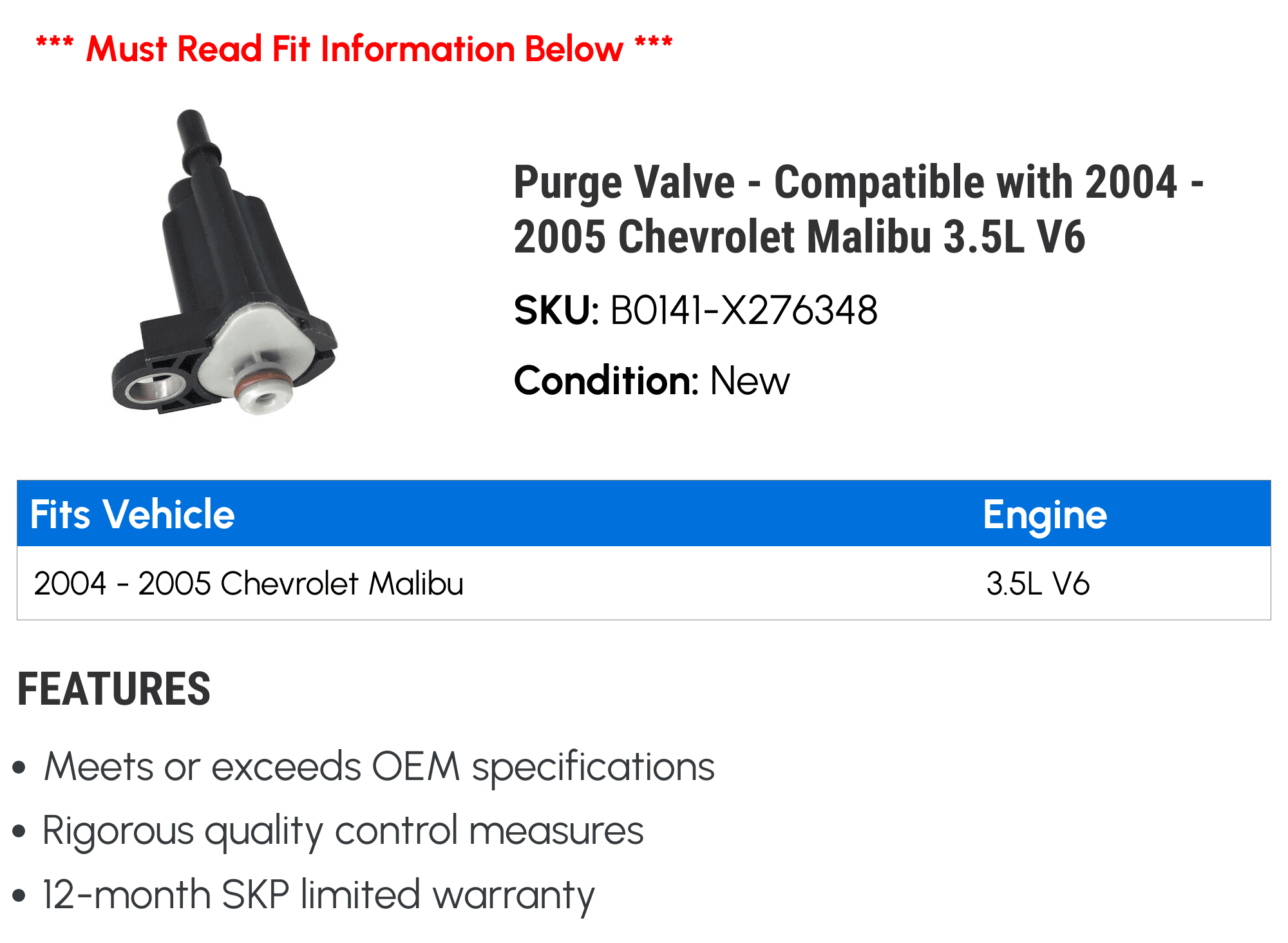 Purge Valve - Compatible with 2004 - 2005 Chevy Malibu 3.5L V6