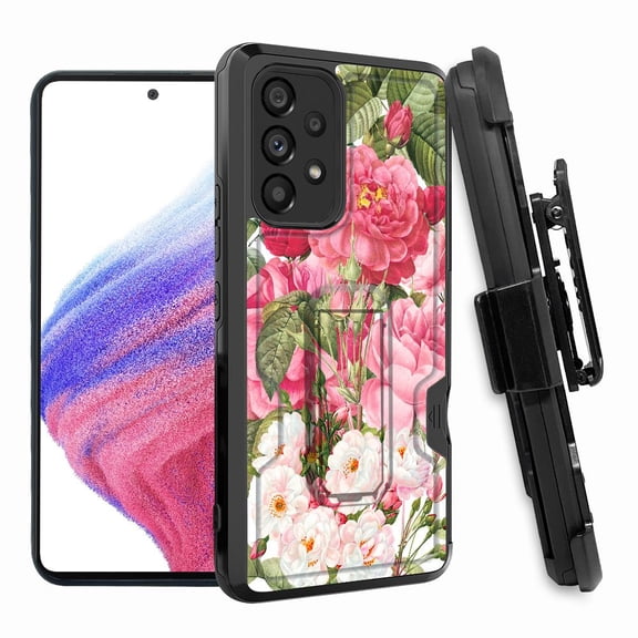 ANJ  Rugged Shockproof Hoster Case w/Card Slot, Kickstand   Tempered Glass Cover for Samsung Galaxy A33 5G - Blooming Flowers