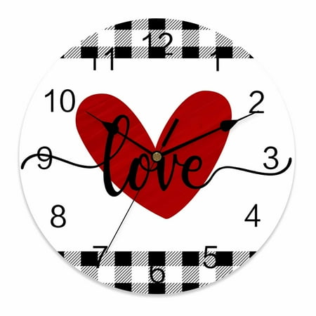 Silent Wall Clocks Battery Operated, Valentines Day Farmhouse Decor Round Decorative Wall Clock for Living Room Bedroom Kitchen Bathroom Classroom Decor, 12 Inch Red Hearts Love Letter Buffalo Plaid