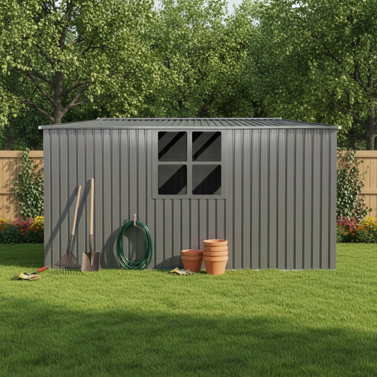 Alvantor Outdoor Storage Shed Metal & Firewood Shed Dual Function,14x12ft,Grey