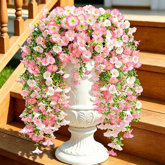 Artificial Fake Hanging Flowers Plants for Outdoor Spring Decoration,1 Bundle Silk Morning Glory Faux Flowers with Eucalyptus Leaves,UV Resistant Look Real for Planter Porch Patio Balcony Yard Decor