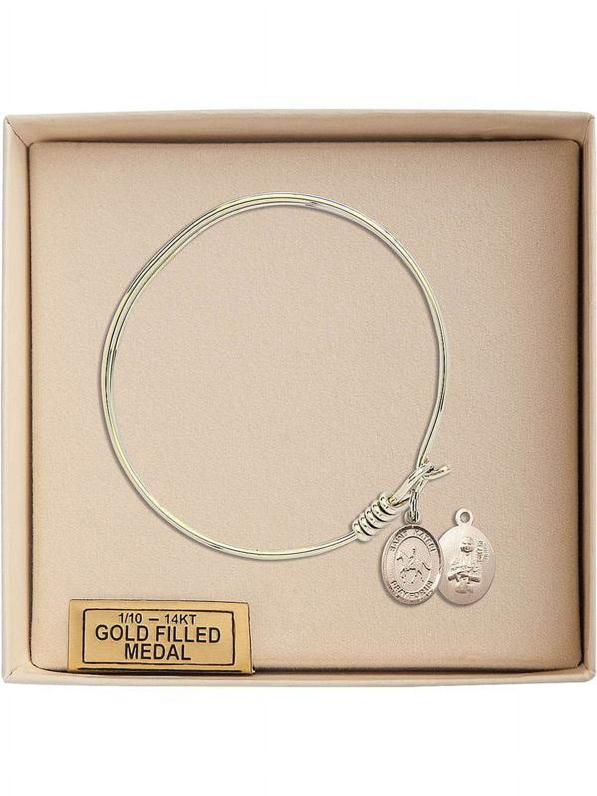 6 1/4 inch Round Eye Hook Bangle Bracelet w/ St. Kateri/Equestrian in Gold-Filled