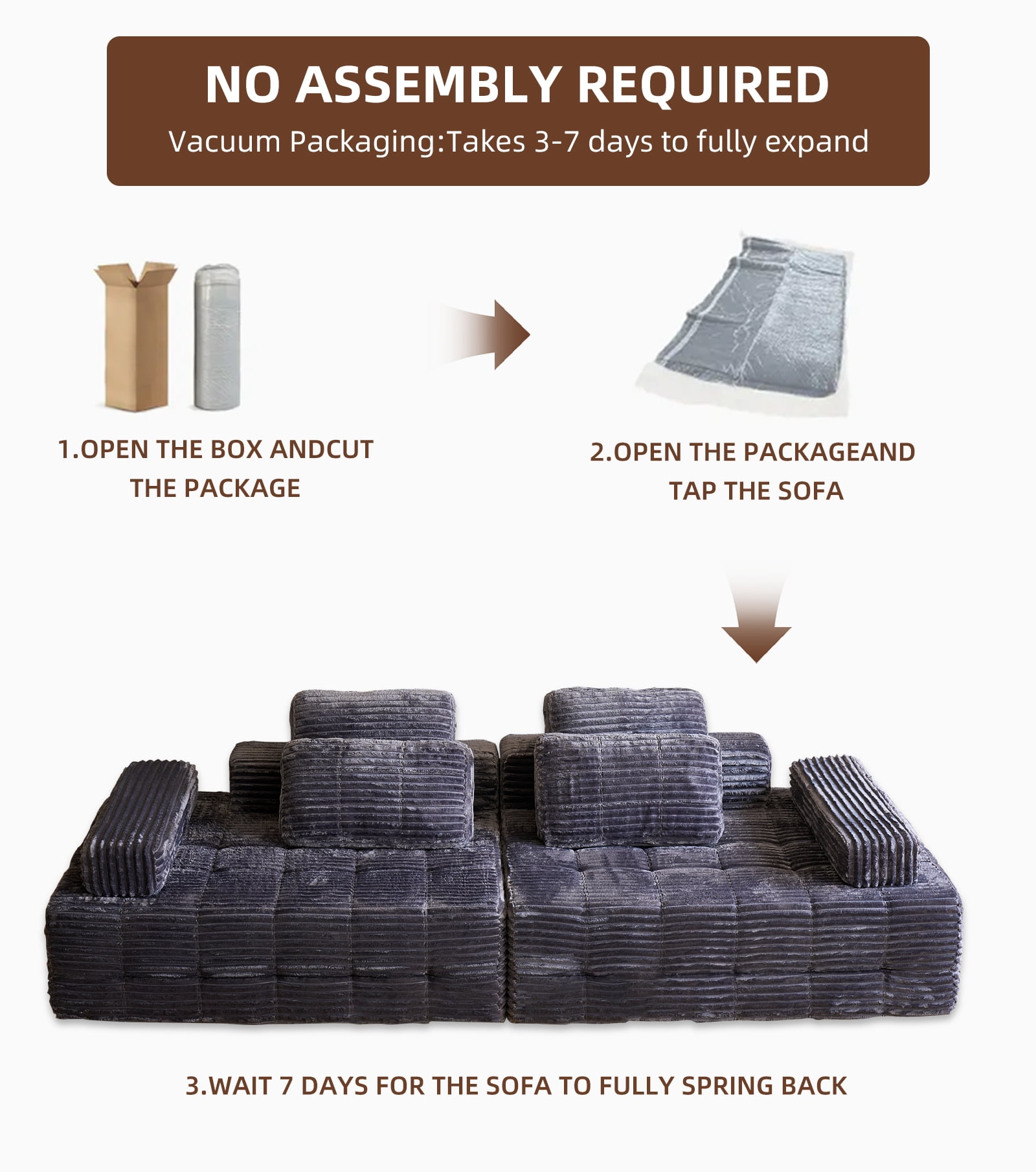 Garaneeds 113" Gray Modular Sectional Sofa for Living Room - Boneless Cloud Couch, No Assembly Required