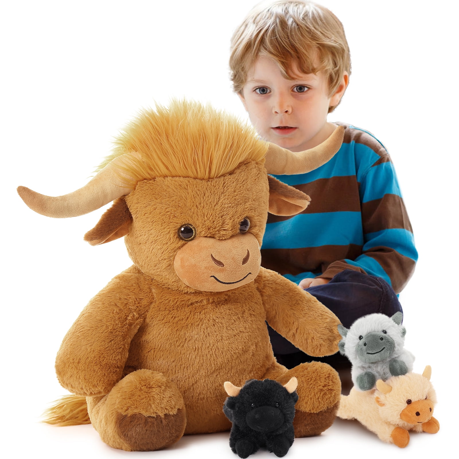 MorisMos 18'' Highland Cattle Stuffed Animal Soft Stuffed Highland Cow Plush Mommy and 3 Babies