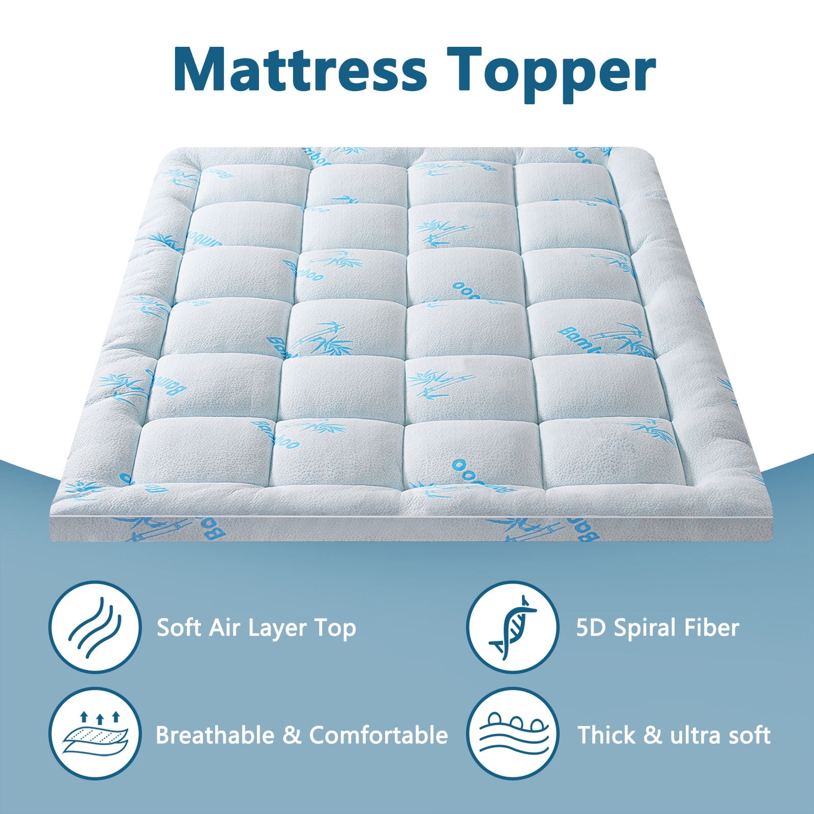 Mattress Topper Twin XL Size, Bamboo Extra Thick Mattress Pad 8-21" Deep Pocket Soft Down Alternative Fill (39x80 inches)Blue