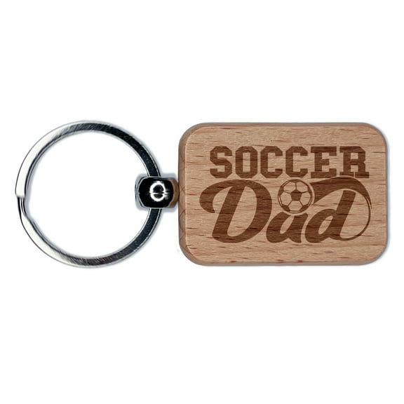 Soccer Dad Text with Ball Rectangle Keychain Charm Tag - Engraved Wood