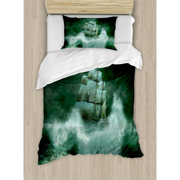 Pirate Ship Duvet Cover Set Twin Size, Dark Green And White Duvet Cover