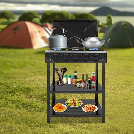 Natural Gas Stove with 5 Burners, Outdoor Camping Cooking BBQ Grill with 2-Tier Storage Rack