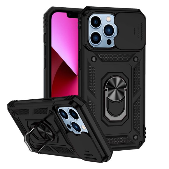Fankiway Magnetic Car Finger Ring 3-In-1 Phone Case, Slide Camera Cover Phone Case with 360° Rotation Ring Stand for I-Phone 13/14/Pro/Pro Cell Phone Accessories Phone Accessories Recording
