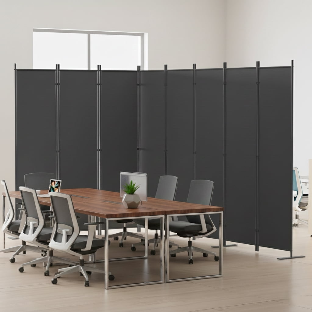 Room Divider 8-Panel 159W x 71H, Folding Privacy Screen with Heavy-Duty Metal Frame and Polyester Fabric, Portable Freestanding Partition for Bedroom Office Living Room, Black Gray