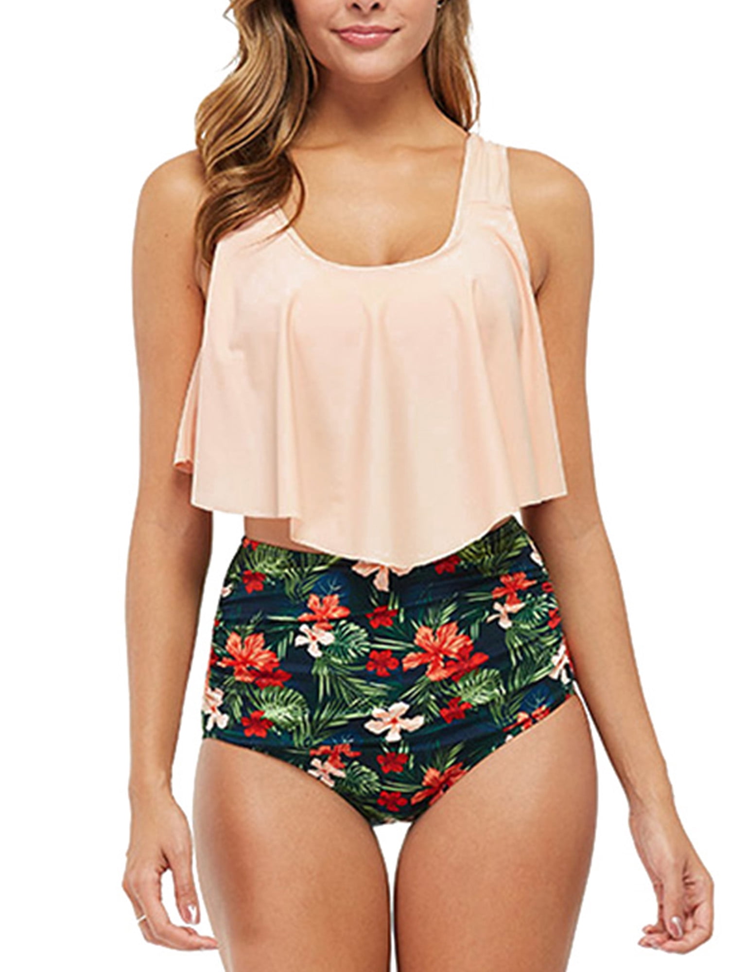 Sexy Dance Swimsuit for Women Two Halter Bathing Suits Top Ruffled Top with High Waisted Bottom Tankini Set S-XXL Tummy Control - Walmart.com