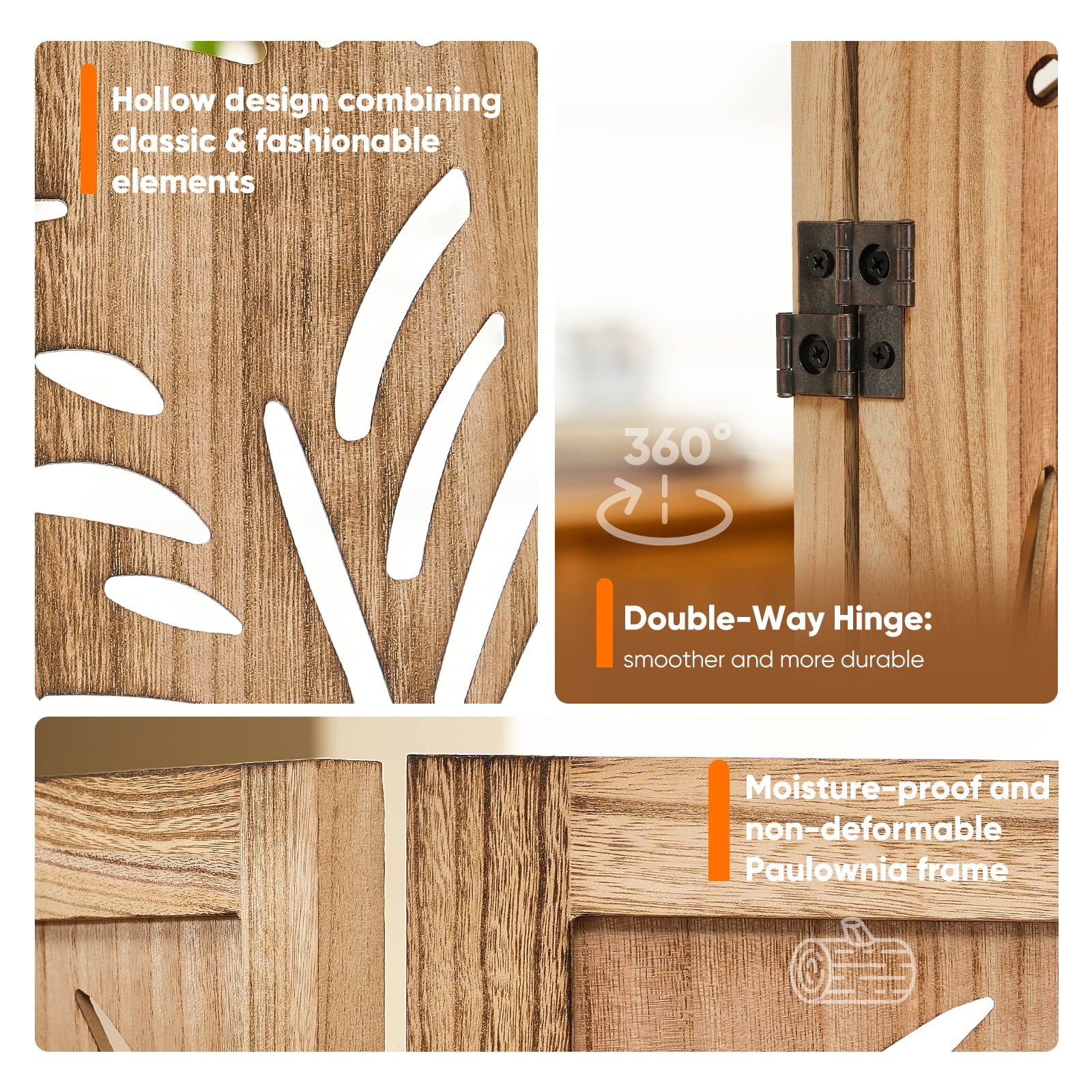 Jostyle 6 Panel Solid Wood Room Divider Privacy Screen - Freestanding Folding Partition with Feather Openwork Design, Paulownia Wood Frame Natural, No Assembly for Living Room, Bedroom, Office