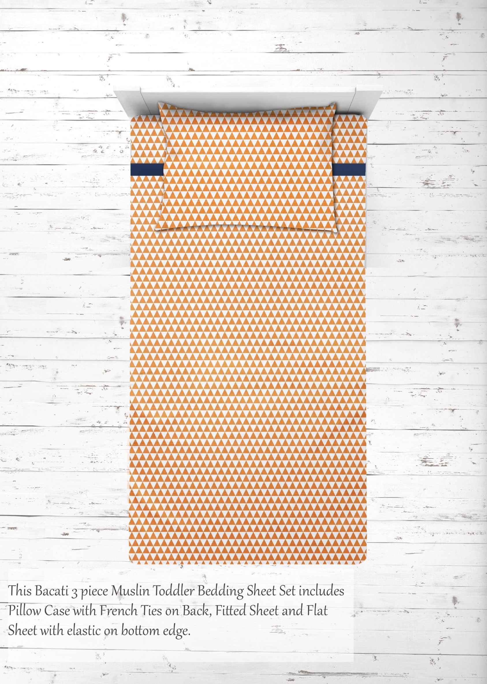 Bacati Aztec Orange/Navy 3-Piece 100% Cotton Muslin Toddler Bedding Sheet Set, Triangles