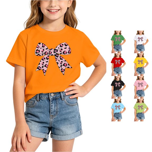 SGMVNU Girls Summer Bowknot Graphic T Shirts Trendy Casual Crew Neck Short Sleeve Relaxed Fit Tee Girls Fashion, Size 6-8 Years, Orange