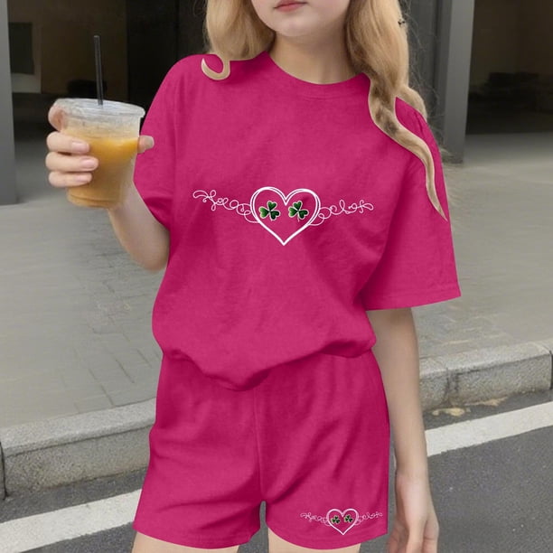 Conjuntos de blusas y camisas de cuello redondo y manga corta para niños Conjunto de dos piezas de blusas de cuello redondo y manga corta con estampado del Día de San Patricio para niños Niños poliést