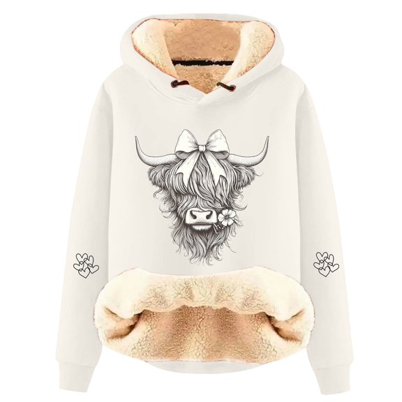 Essentials Hoodie for Women Long Sleeve Highland Cattle Print Thick Fleece Hooded Sweatshirts Fall Fashion Casual Pullover Tops 2025 Winter Clothes