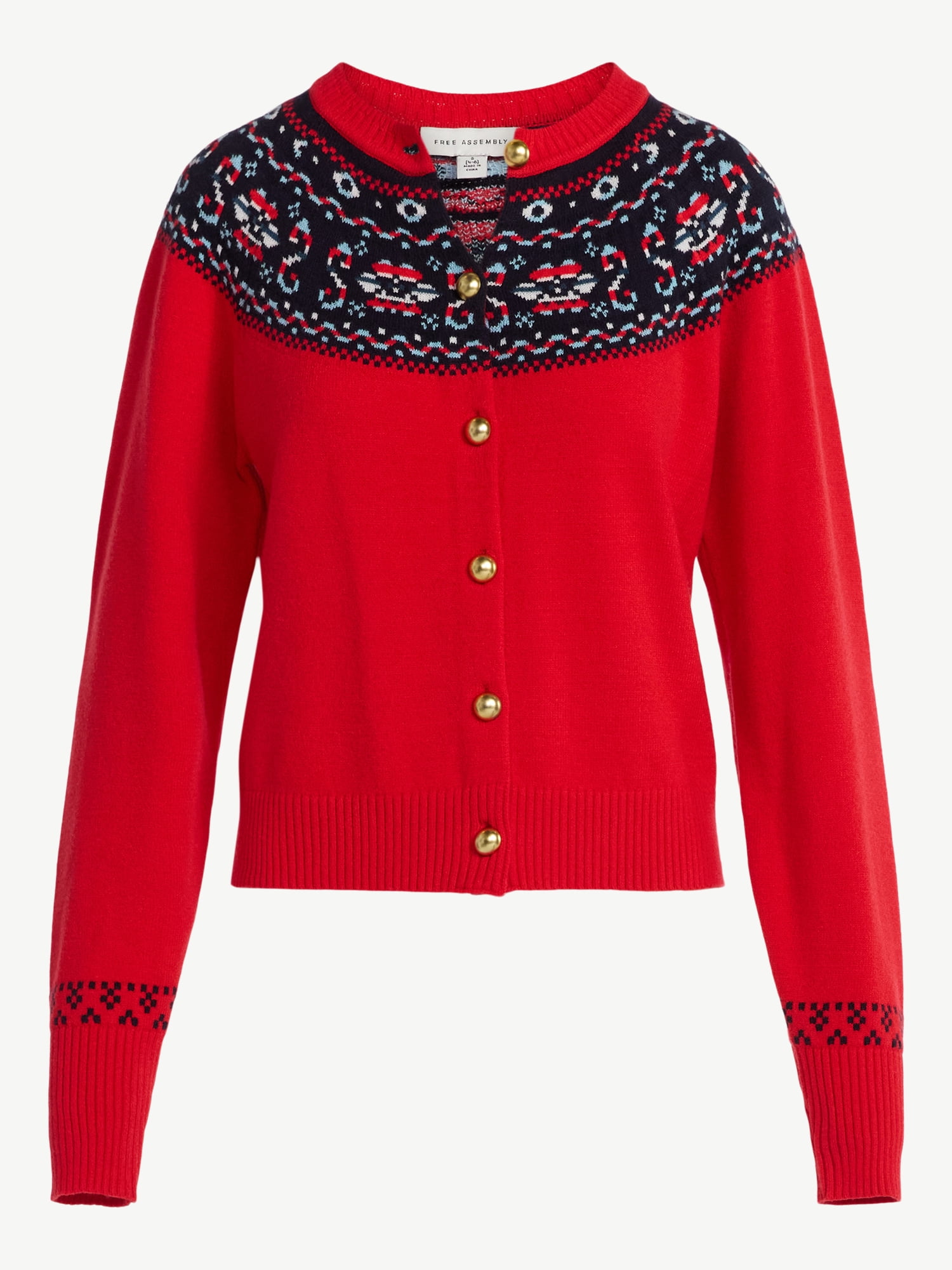 Free Assembly Women's Cozy Yarn Fair Isle Cardigan Sweater, Midweight, Sizes XS-XXL