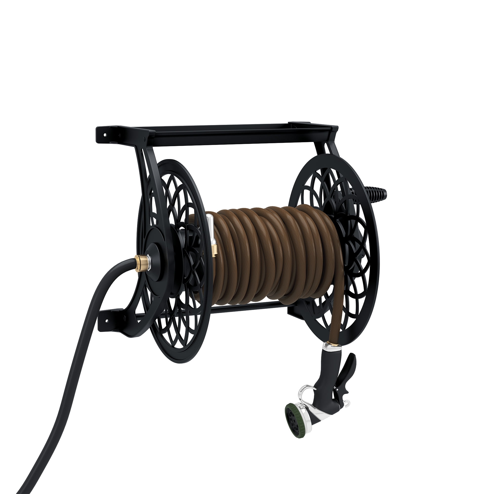 Wall Mount Hose Holder Wall Mount Hose Reel Includes a Compartment for Storing Hose Attachments Wall Mounted Garden Hose Storage Caddy 