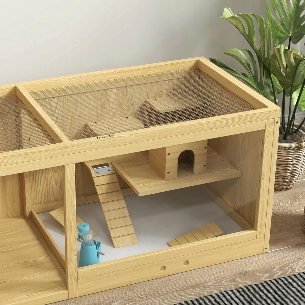 Spaco Extra Large Wooden Hamster Cage with Pull-out Tray, Seesaws, Ladder, Hamster Habitat, Beige