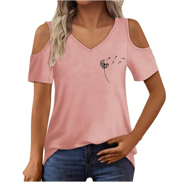 Algodón Fuera Del Hombro Tops para la Impresión de las Mujeres Manga Corta V-Cuello Blusa, Top de Algodón de Imitación de Moda