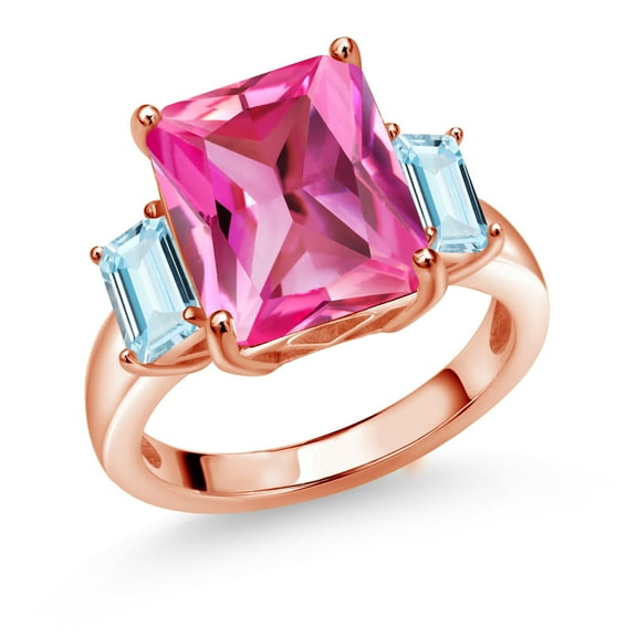 Gem Stone King 7.60 Ct Pink Created Sapphire Sky Blue Aquamarine 18K Rose Gold Plated Silver 3-Stone Ring (Size 8)