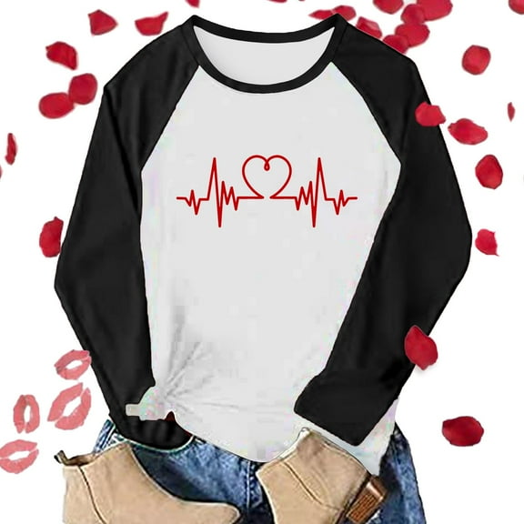 Baqcunre Valentine'S Day Shirts For Women Loose Round Neck Raglan Sleeves Printed T Shirt Top(Black S-XXL),Long Sleeve Shirts For Women Graphic Tees Holiday Tops For Women 2023 Womens Tops