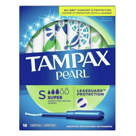 Tampax Tampons Pearl Super 18 Count Unscented (Pack of 2)