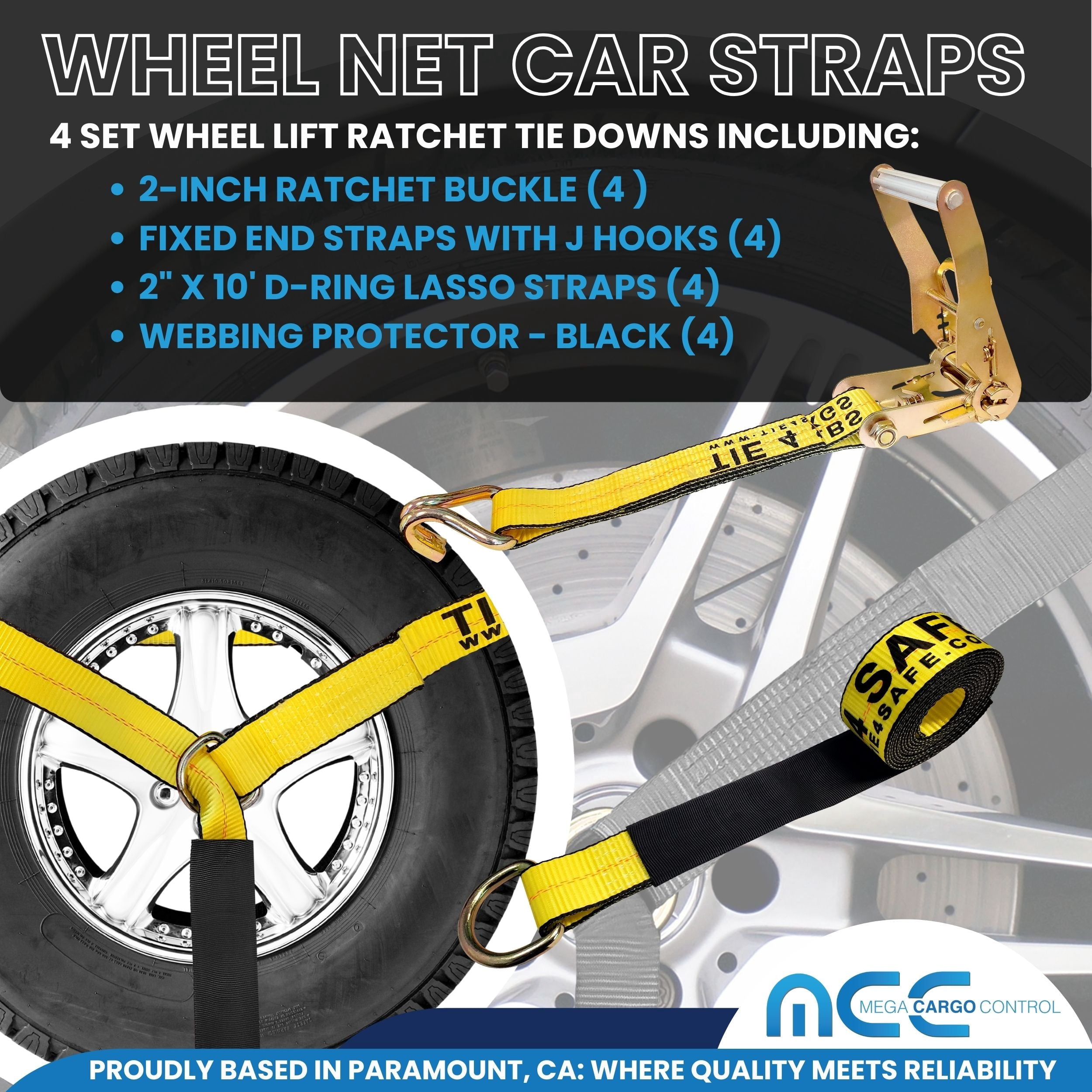 Mega Cargo Control 4 Pack 2" x 120" Car Hauler D-Ring Tie Downs with Wire J Hook Ratchet Straps, Yellow