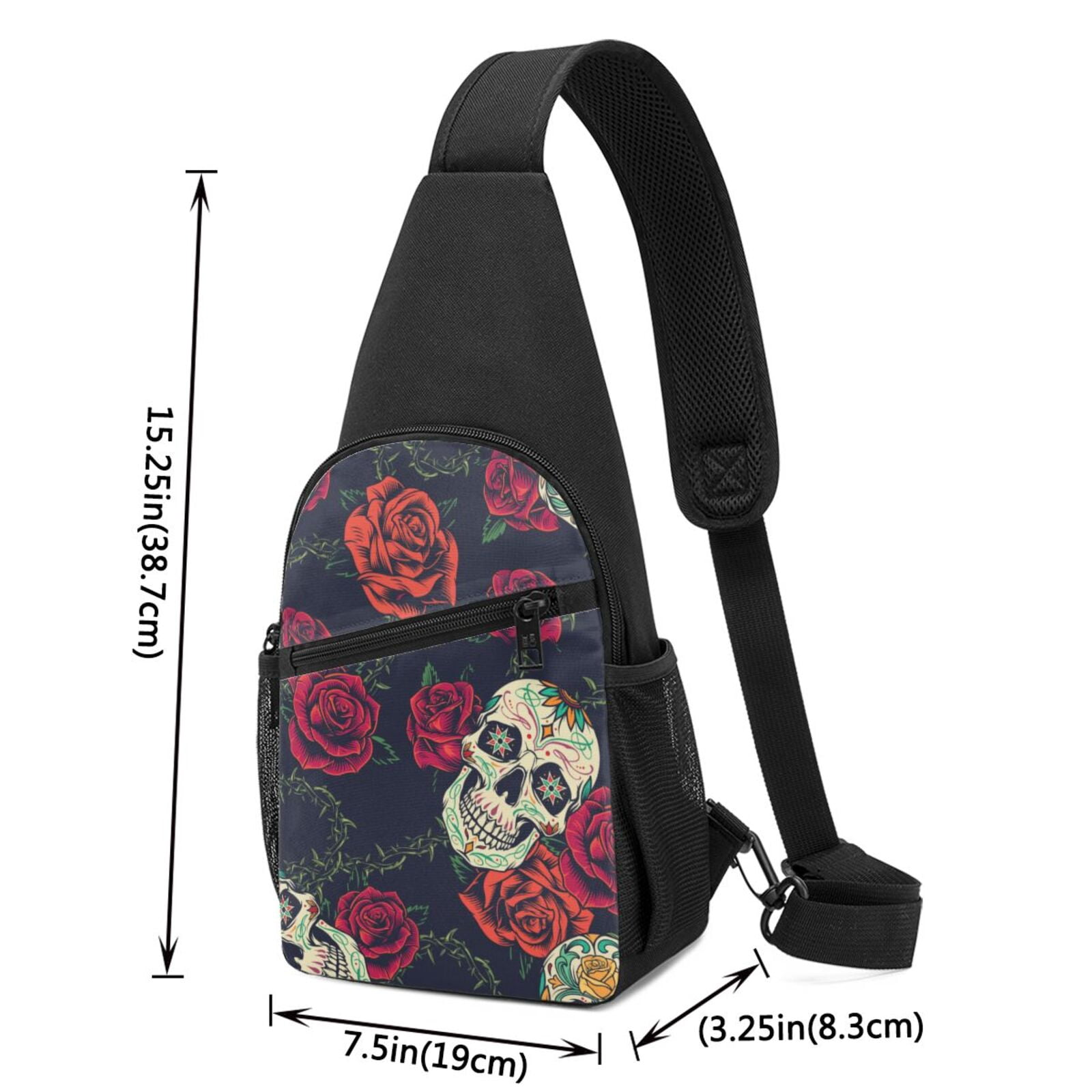 Xecao's Roses Skulls Print Sling Bag: A Versatile Chest, Shoulder, and Crossbody Backpack for Casual Days Out, Perfect for Both Men and Women