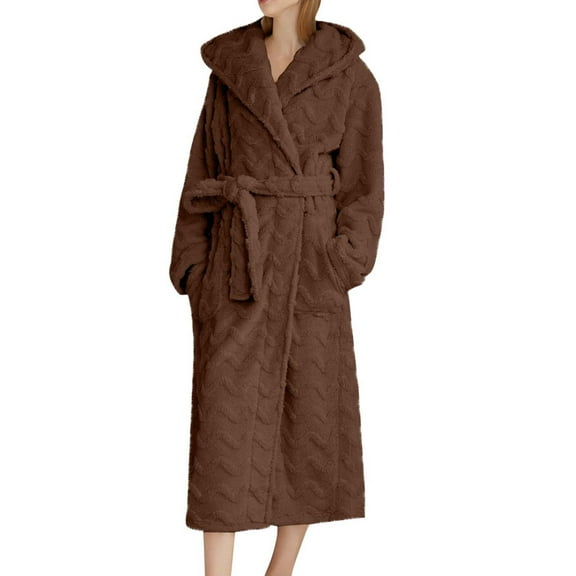 Agkizg Plus Size Women's Fleece Bathrobe,Long Robes for Women's House Robes,Winter Bathrobe Warm Thickened Flannel Robe with Hood Waist Tie Pockets Soft Plushs Sleepwear Loungewear Home Wear
