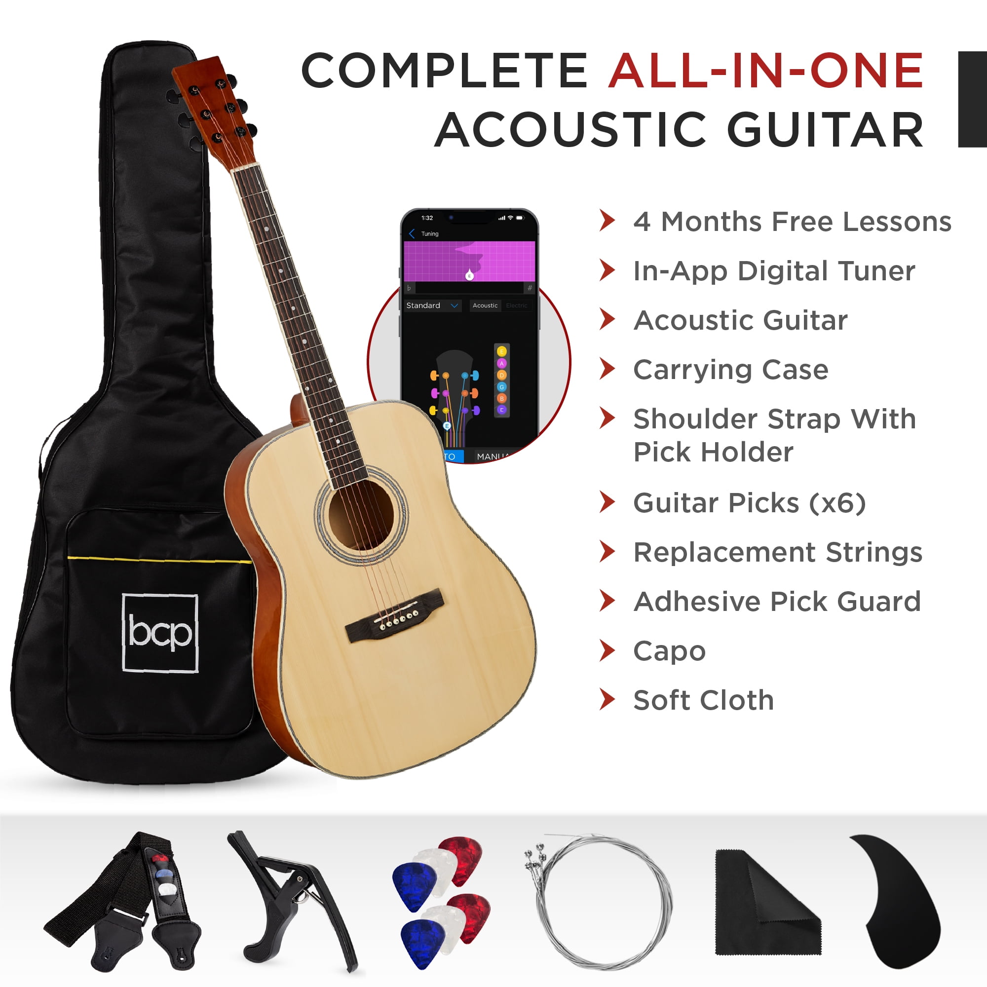 Best Choice Products 41in Full Size All-Wood Acoustic Guitar Starter Kit w/Gig Bag, E-Tuner, Pick, Strap, Rag - Natural