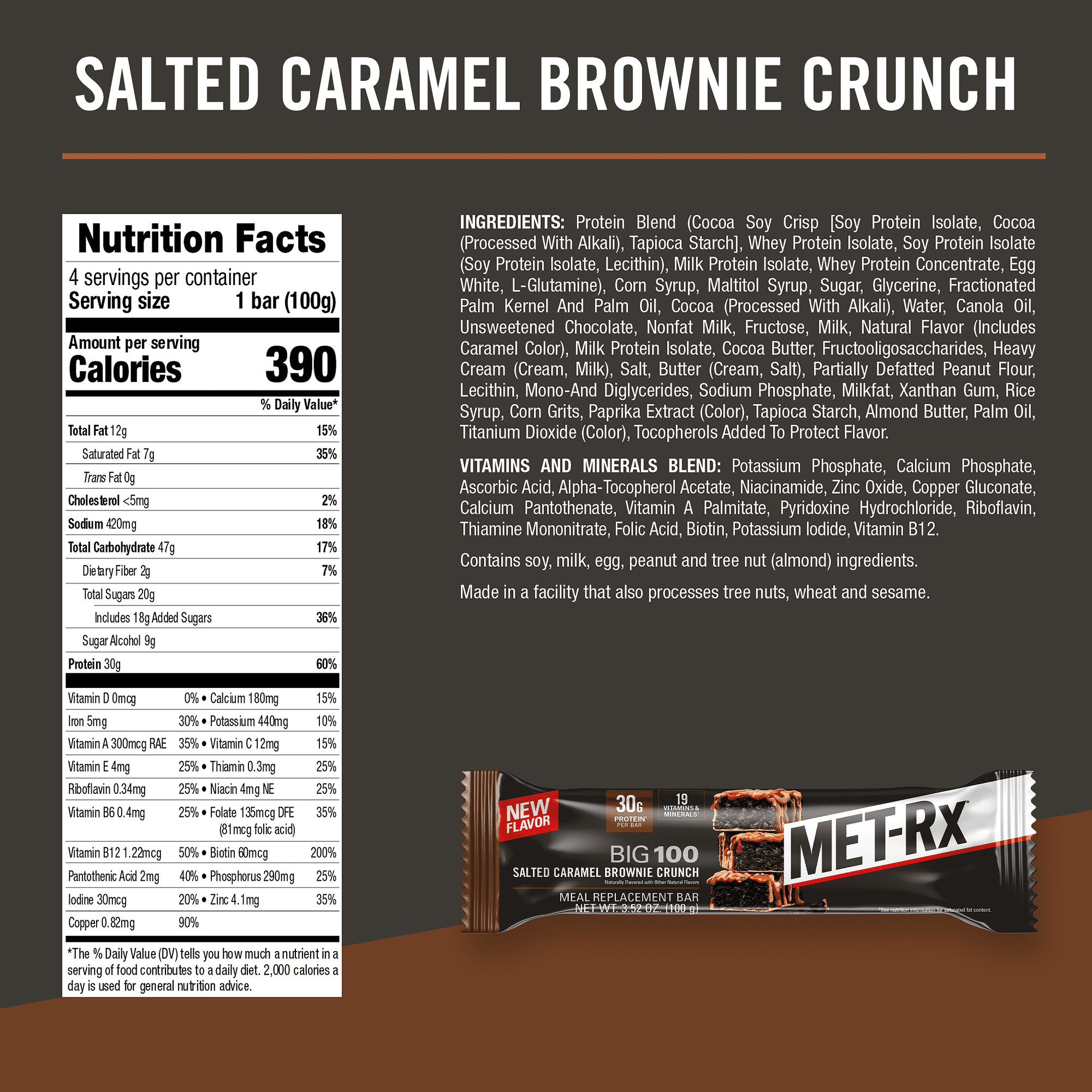 MET-Rx Big 100 Protein Bar, Meal Replacement Bar, 30G Protein, Salted Caramel Brownie Crunch, 3.52 oz (Pk of 4)