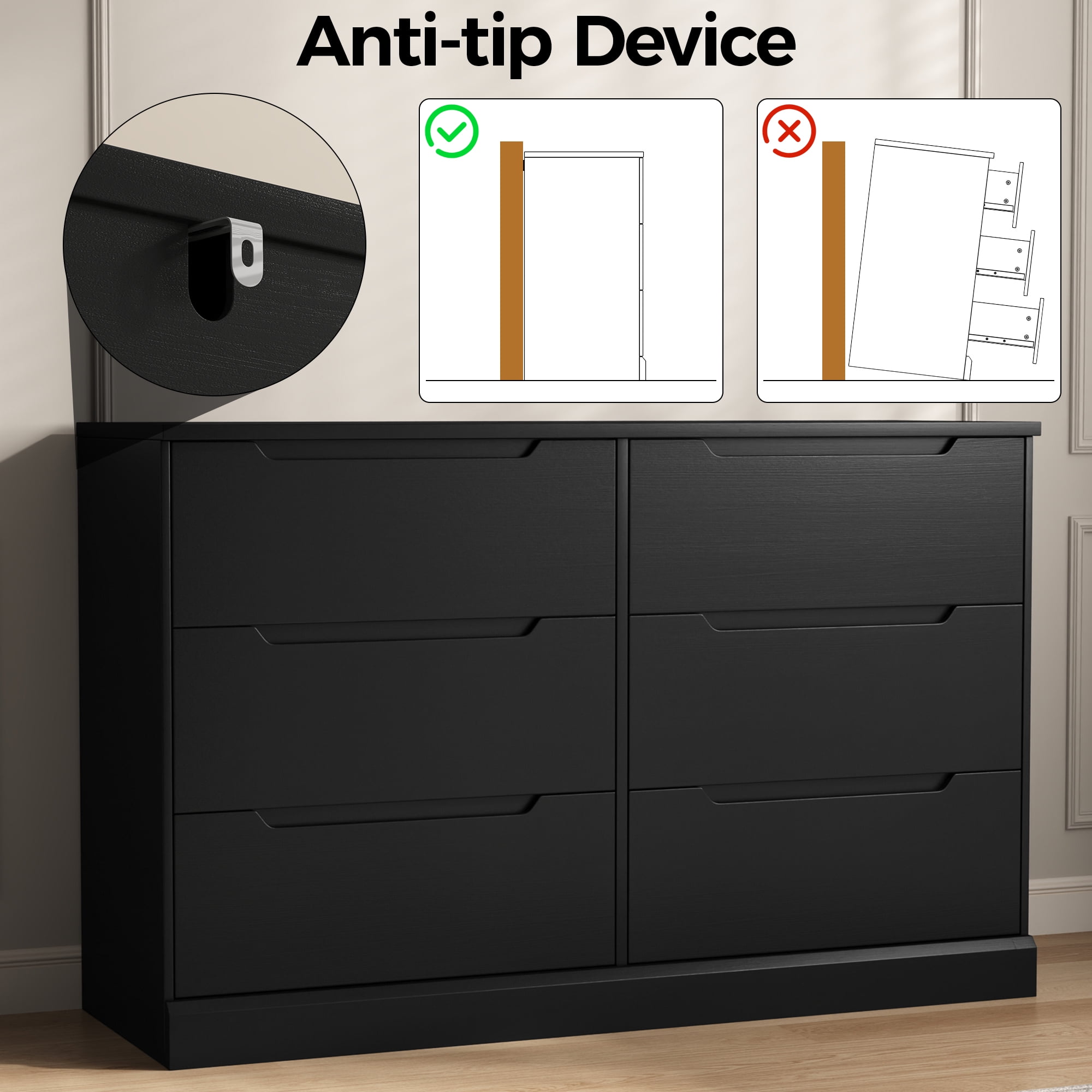 Black Dresser 6 Drawer Dresser for Bedroom, Modern Wooden Closet Dresser Living Room Hallway Entryway Cloakroom Dressing Room