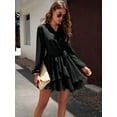 thumbnail image 4 of Women's Dress Deep V-Neck Long Sleeve Waist Tie Ruffle Mini Swing Skater Dresses, 4 of 7