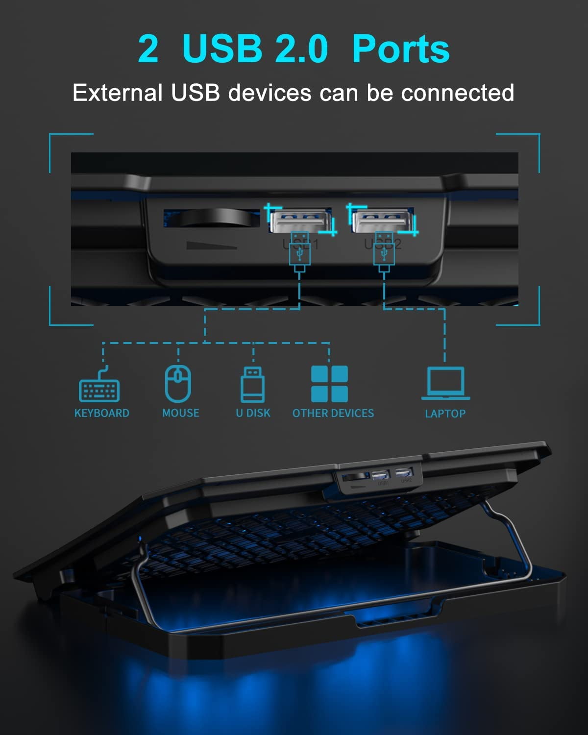 Laptop Cooling Pad, Gaming Cooler 2 Fans for 10-15.6 Inch Laptops, 5 Height Stands, USB Ports (S039)