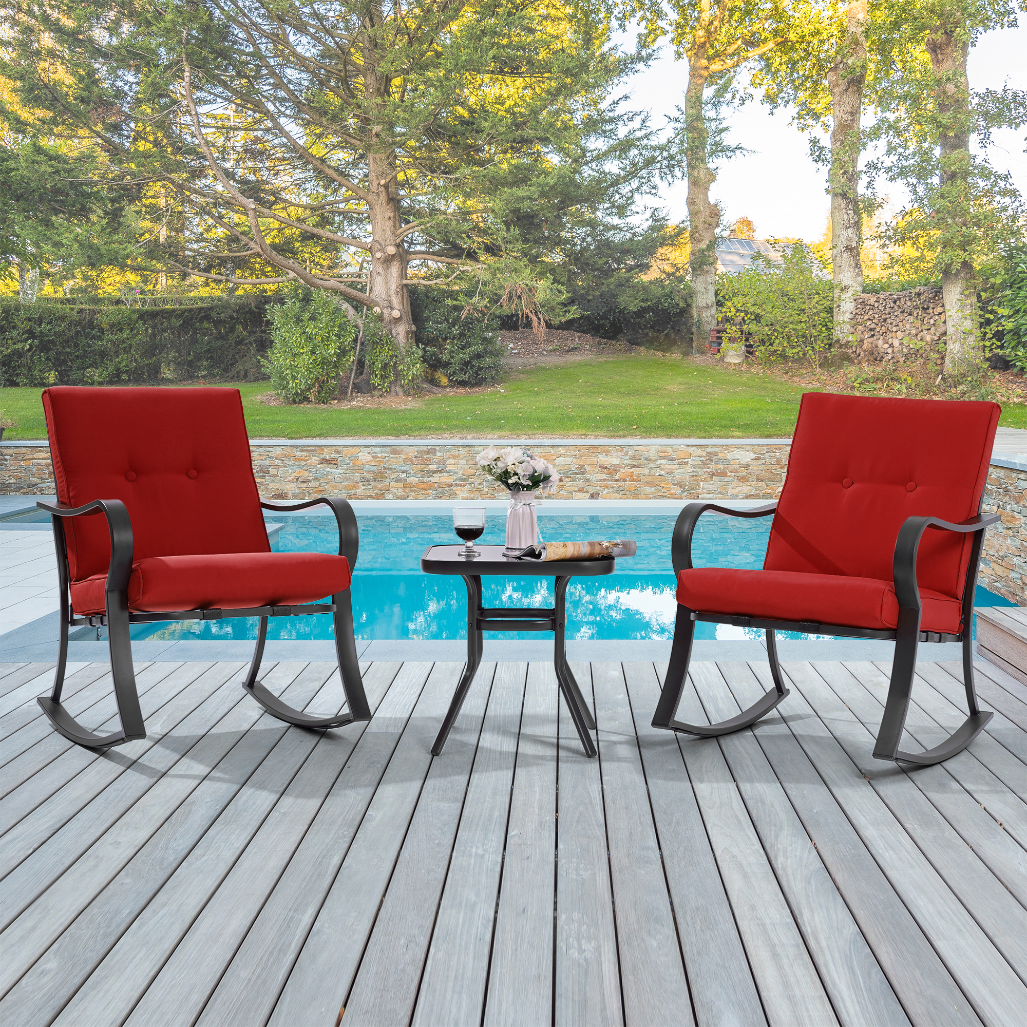 Outdoor Lounge Chair Courtyard Rocking Chair 3-Piece Steel Frame Outdoor Furniture Sets Thick Cushion Red Double Armchair Deck Backyard Bistro Set - image 1 of 8