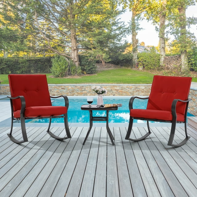 Outdoor Lounge Chair Courtyard Rocking Chair 3-Piece Steel Frame Outdoor Furniture Sets Thick Cushion Red Double Armchair Deck Backyard Bistro Set