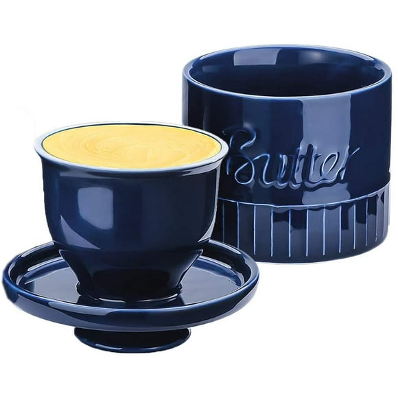 Porcelain Butter Keeper Crock for Counter Butter Farmhouse Style Butter Keeper for Countertop Ceremic French Butter Dish with Inky blue