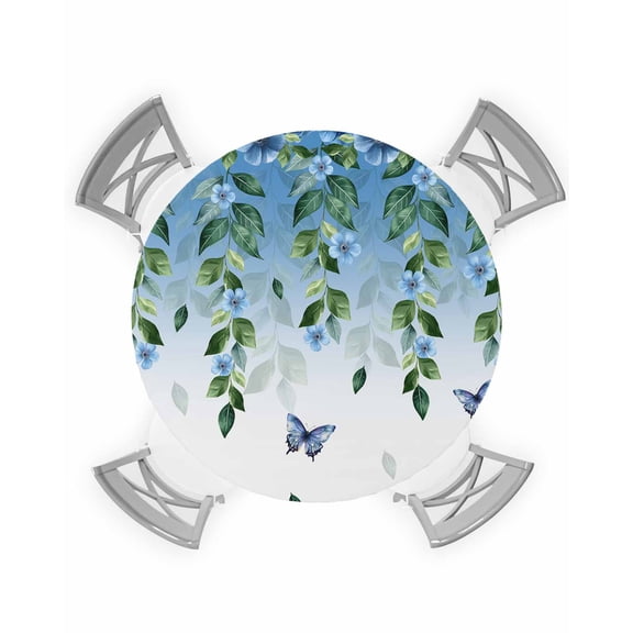 nqOlkjepod Blue Floral Spring Round Tablecloth, Fitted Table Cover with Elastic for 36"-44" Round Tables, Summer Pastoral Botanical Butterfly Table Cloth Outdoor Dinning Party Waterproof Tablecloths