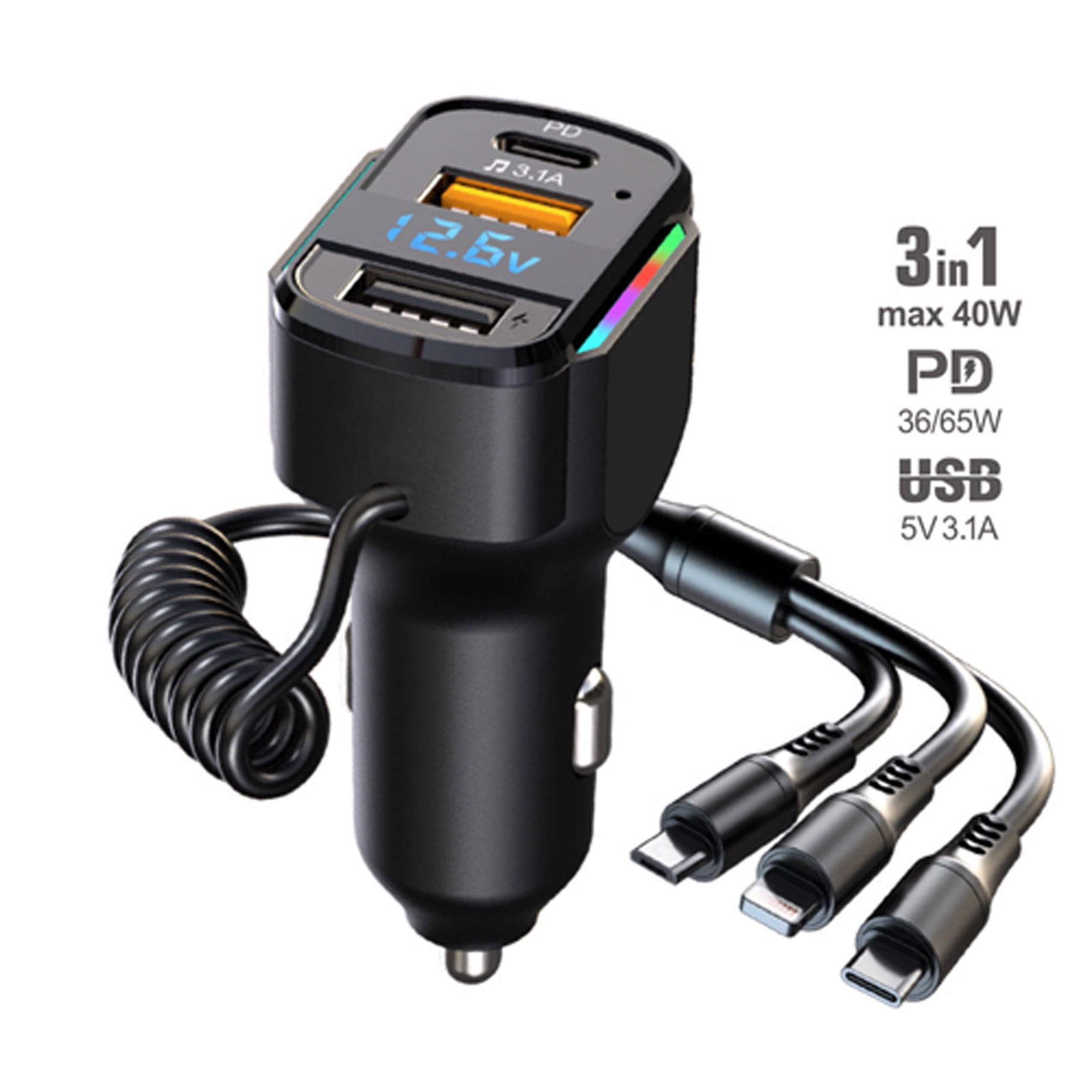 65W Fast Car Charger PD+ QC3.0 Super Charge Car USB C Quick Charging