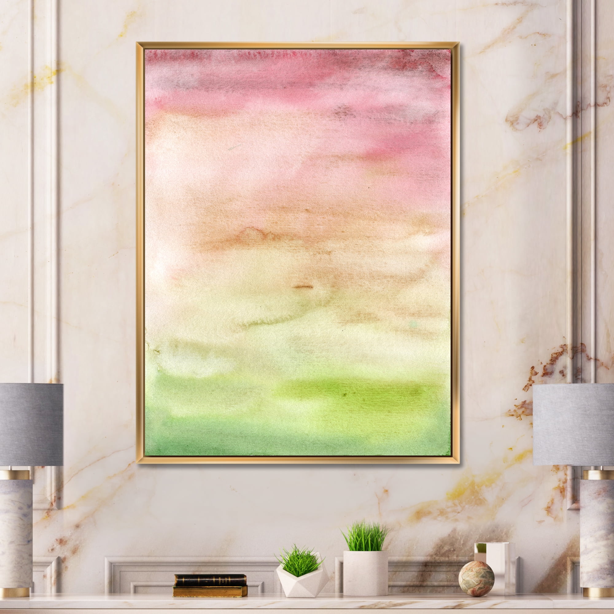 Abstract Sunset With Pink Green and Beige 16 in x 32 in Framed Painting Canvas Art Print, by Designart